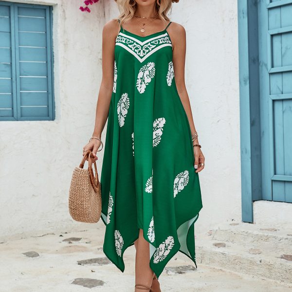 Summer Sleeveless Leaf Printed Retro Beach Evening Dress