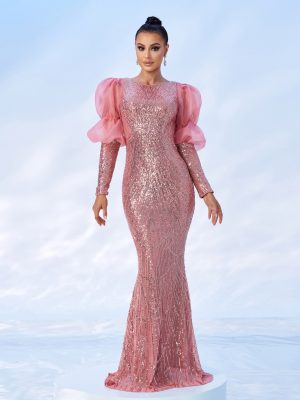 High-End Long Sleeve Crew Neck Sequined Cocktail Evening Dress