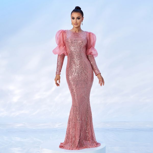 High-End Long Sleeve Crew Neck Sequined Cocktail Evening Dress