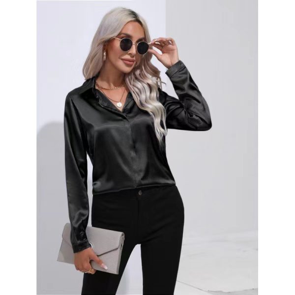 One Button Satin Shirt Office Long Sleeve Shirt Spring Summer Loose Top - Image 5