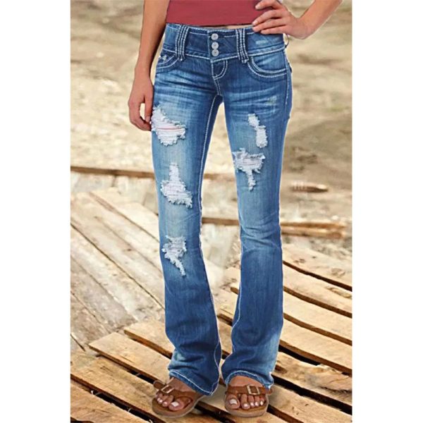 Retro Low-Waist Ripped Denim Hip-Hugger Jeans with Button Detail - Image 2