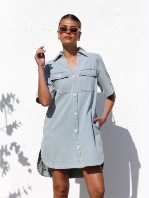 Summer Short Sleeve Collared Casual Denim Dress for Women