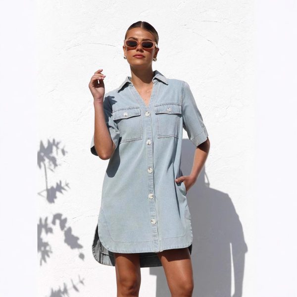 Summer Short Sleeve Collared Casual Denim Dress for Women