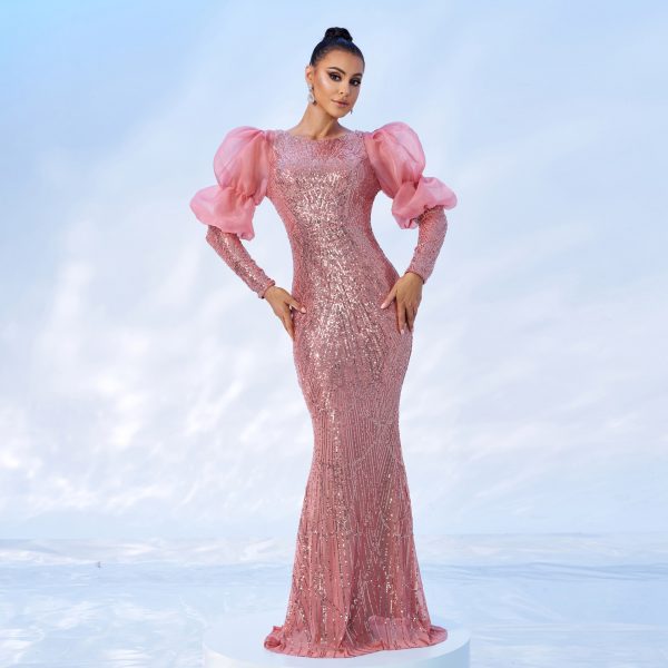 High-End Long Sleeve Crew Neck Sequined Cocktail Evening Dress - Image 2