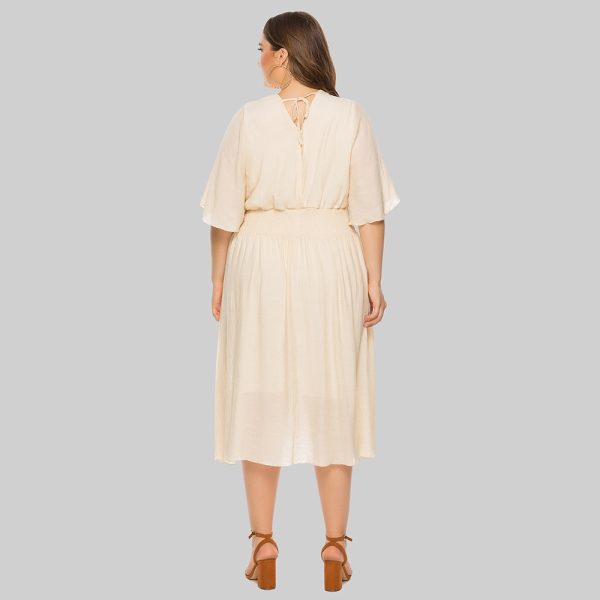 Plus Size V-Neck Waist-Controlled Flying Sleeve Summer Dress - Image 3