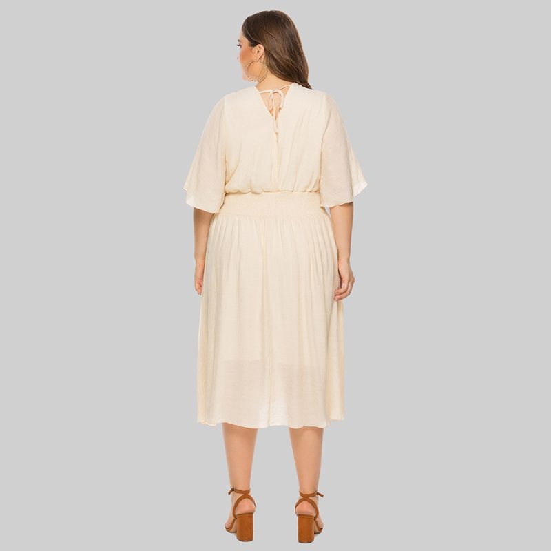 Plus Size V-Neck Waist-Controlled Flying Sleeve Summer Dress - Image 3
