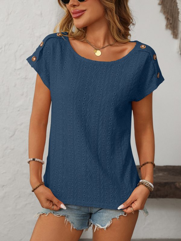 Spring Summer Women’s Solid Color Round Neck Button T-Shirt with Cutout Design - Image 7