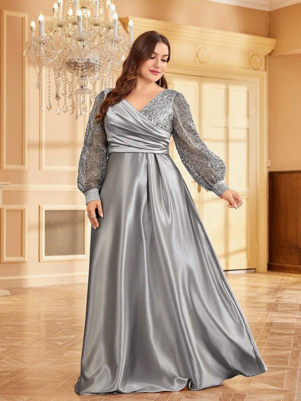 Plus Size Satin V-Neck Long Sleeve Sequin Maxi Evening Dress - Image 3