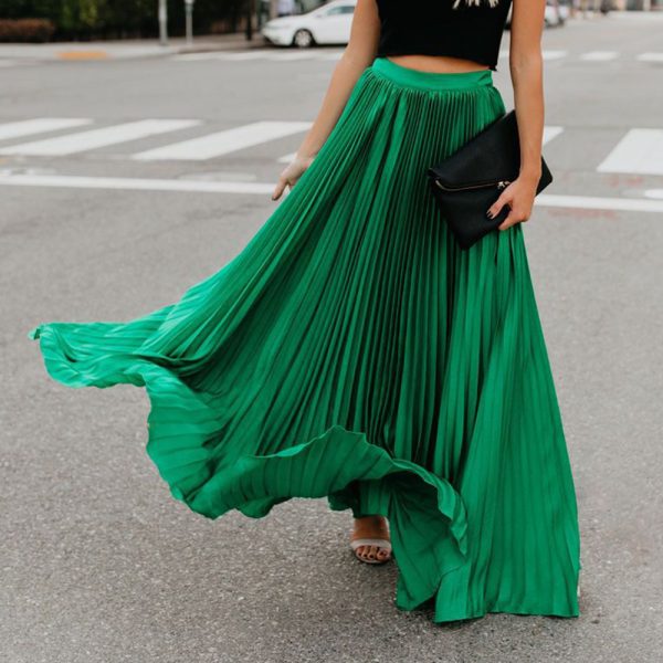 Summer Elegant Pleated Solid Color Wide Hem Skirt - Image 2