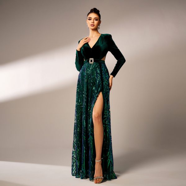 V-Neck Sequined Split Evening Dress - Image 3