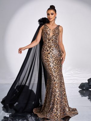 High-End Sleeveless V-Neck Sequined Fishtail Evening Dress