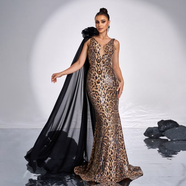 High-End Sleeveless V-Neck Sequined Fishtail Evening Dress