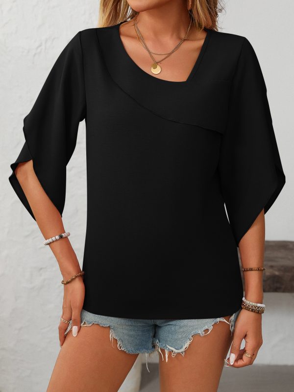 Summer Women’s Casual Oblique V-Neck Chiffon Top with Puffed Sleeves - Image 4