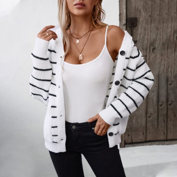 Hooded Striped Knitted Cardigan with Pockets for Women