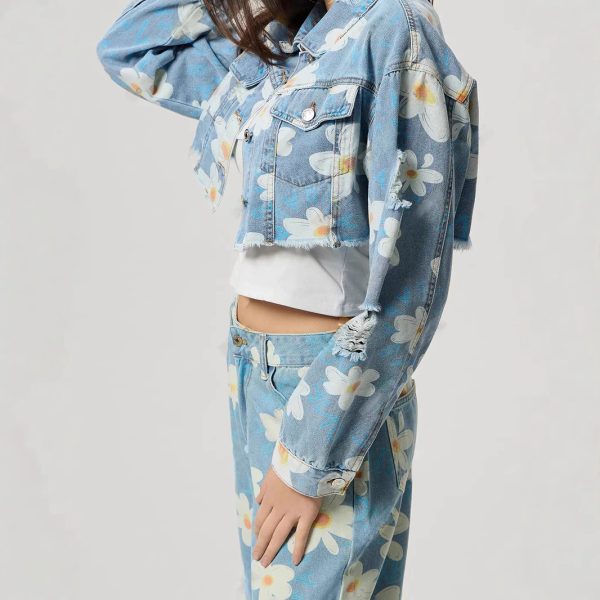 Floral Print All-Match Short Denim Coat for Women - Image 3