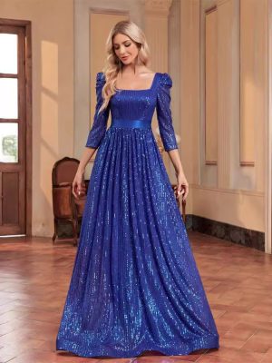 Women’s Sequin Blue Long Sleeved Evening Dress