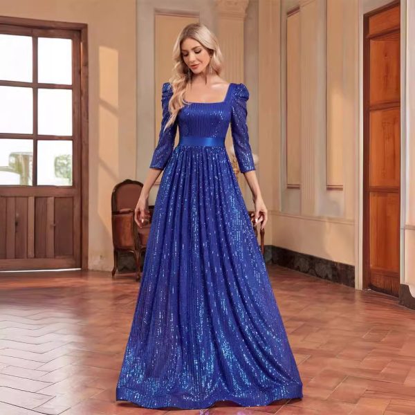 Women’s Sequin Blue Long Sleeved Evening Dress