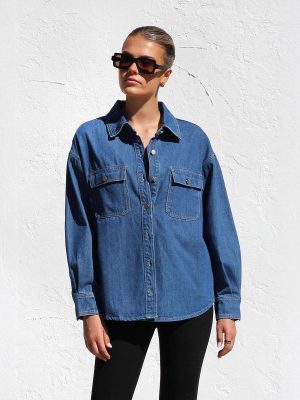 Casual All-Match Women’s Denim Shirt with Double Pockets, Loose Fit Shirt