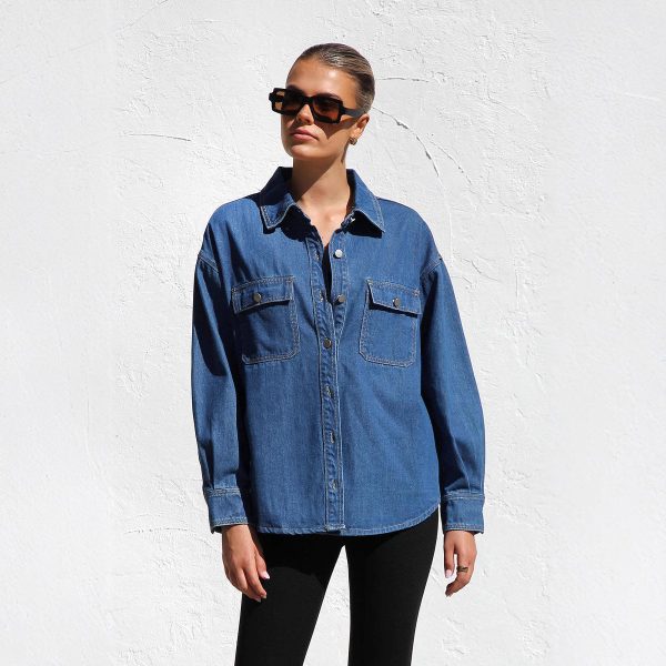 Casual All-Match Women’s Denim Shirt with Double Pockets, Loose Fit Shirt