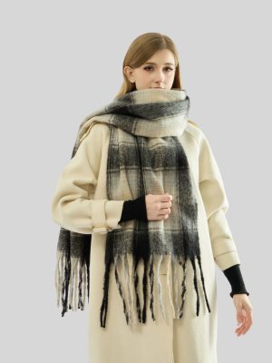 Mohair Plaid Tassel Scarf for Women – Thickened Warm Winter Wrap