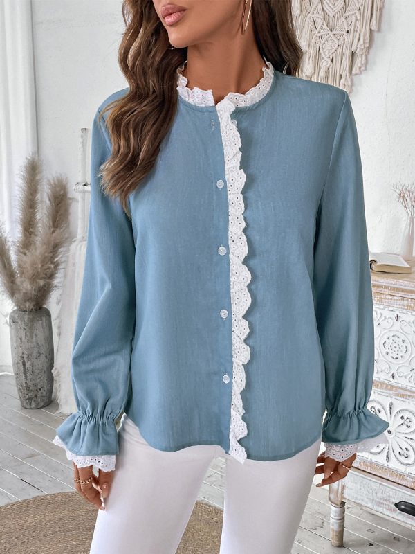 Women’s Spring Autumn Single-Breasted Blue Cardigan Shirt with Lace Collar - Image 2