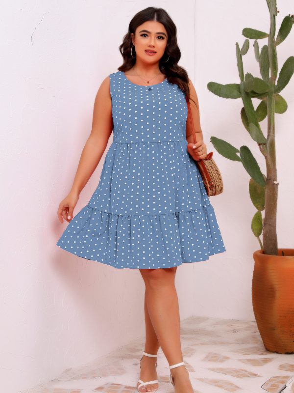 Sleeveless Polka Dot Ruffled Dress - Loose Fit Round Neck Large Hem - Image 3