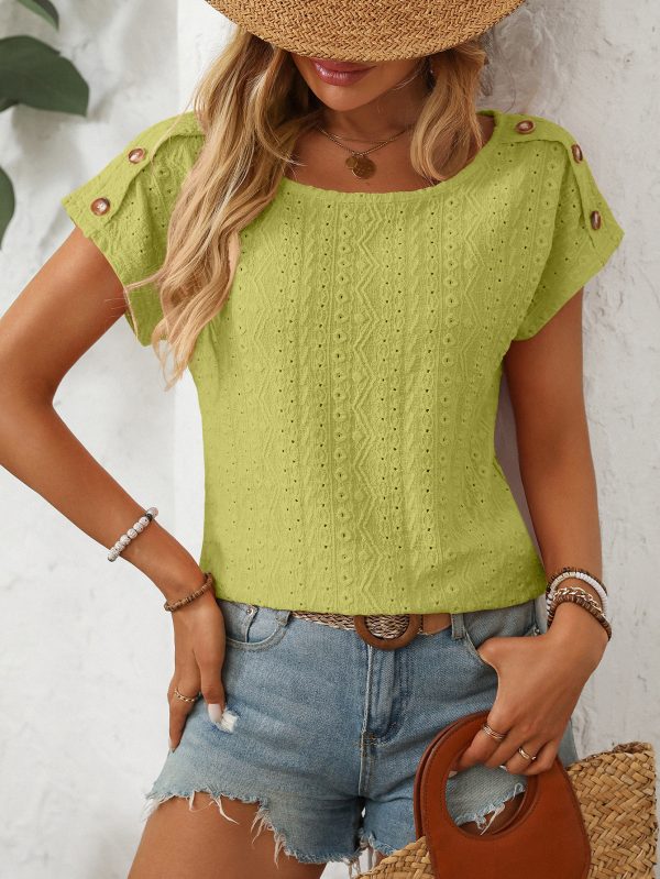 Spring Summer Women’s Solid Color Round Neck Button T-Shirt with Cutout Design - Image 5