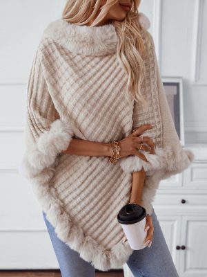 Solid Color Fur Collar Plaid Knitted Cape Sweater for Women