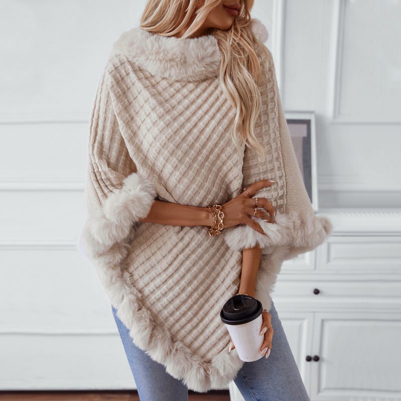 Solid Color Fur Collar Plaid Knitted Cape Sweater for Women
