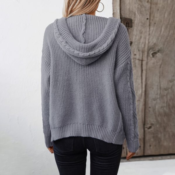 Hooded Drawstring Cable Knit Cardigan for Women - Image 3