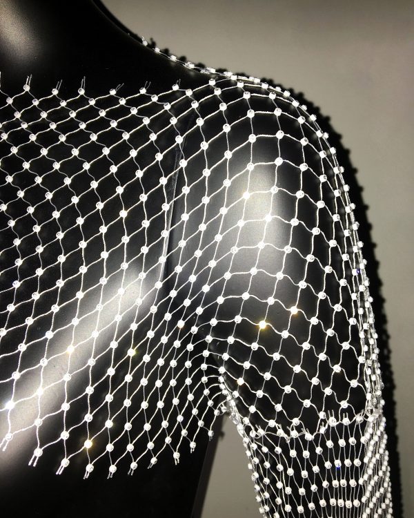 Fishnet Rhinestone Long-Sleeve Stretch Top - Image 3