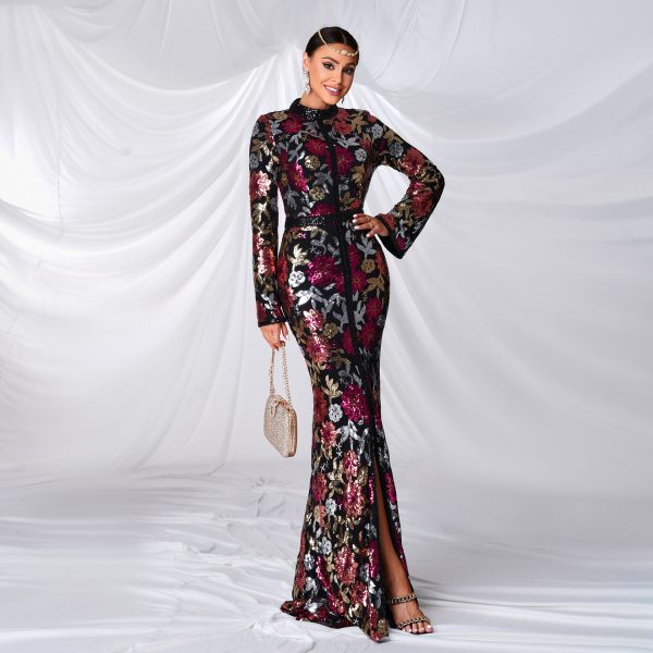 Long Sleeve Round Neck Sequin Fishtail Cocktail Evening Dress for Women - Image 2