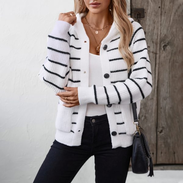 Hooded Striped Knitted Cardigan with Pockets for Women - Image 4