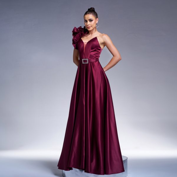 Elegant One Shoulder Diagonal Collar Waist Controlled Large Hem Evening Dress - Image 2