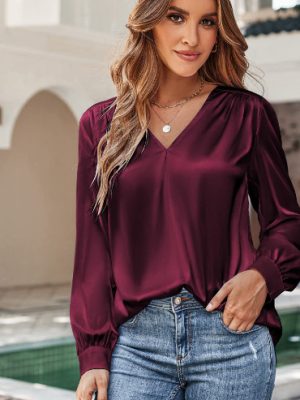 Women Satin Pleated Long Sleeved V-Neck Casual Loose Office Shirt