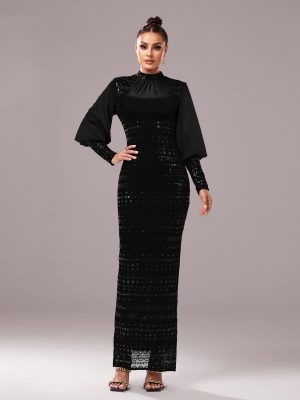 High-Grade Long Sleeve Round Neck Sequin Split Cocktail Evening Dress