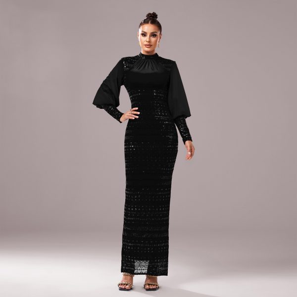 High-Grade Long Sleeve Round Neck Sequin Split Cocktail Evening Dress