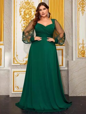 Plus Size Diamond Collar Embroidered Mesh Backless Evening Dress