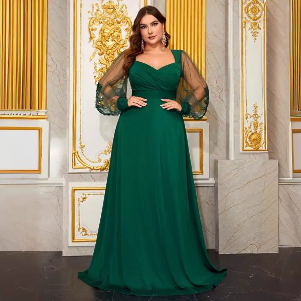 Plus Size Diamond Collar Embroidered Mesh Backless Evening Dress