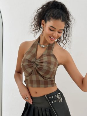 Sexy Halter Plaid Twisted Sleeveless Backless Vest Top for Women