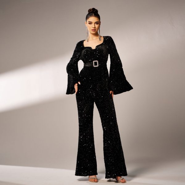 Advanced Long Sleeve Square Neck Slim Fit Sheath Cocktail Sequined Evening Dress Jumpsuit - Image 3