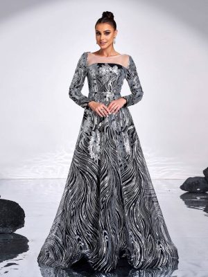 High-Grade Long Sleeve Round Neck Sequin Rope Large Swing Cocktail Evening Dress