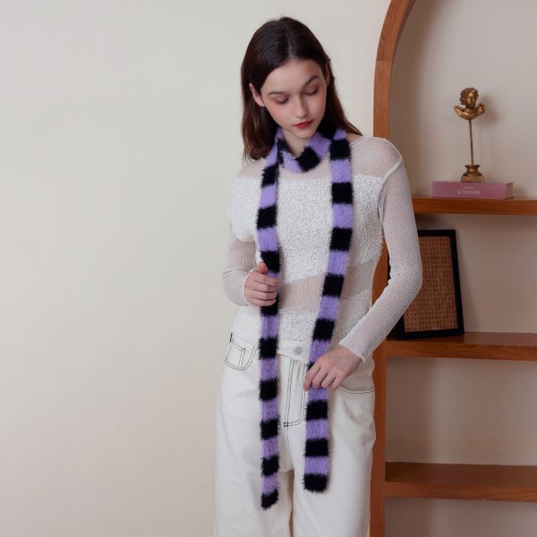 Thin Narrow Concave Sausage Shape Striped Knitted Scarf for Women - Image 3