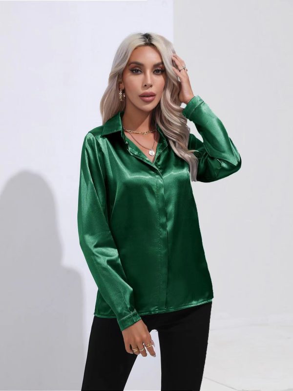 One Button Satin Shirt Office Long Sleeve Shirt Spring Summer Loose Top - Image 3