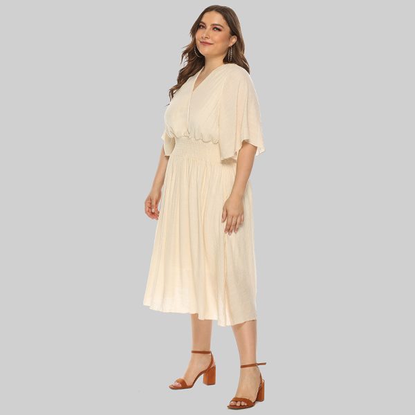 Plus Size V-Neck Waist-Controlled Flying Sleeve Summer Dress - Image 2