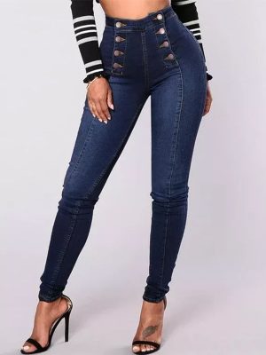 High-Waist Casual Slim Stretch Jeans for Women with Double Row Multi-Button Detail