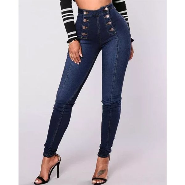 High-Waist Casual Slim Stretch Jeans for Women with Double Row Multi-Button Detail