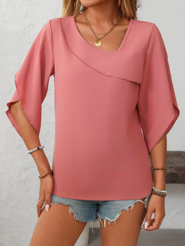 Summer Women’s Casual Oblique V-Neck Chiffon Top with Puffed Sleeves - Image 2