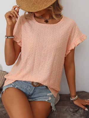 Women’s Spring Summer Solid Color Round Neck Short Sleeve Cutout T-Shirt