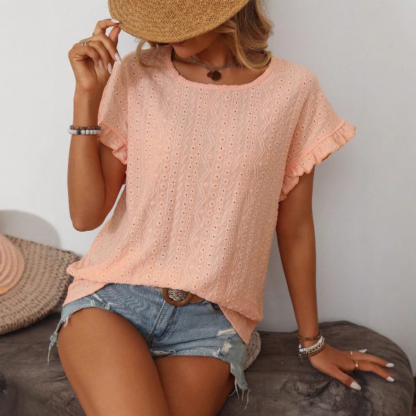 Women’s Spring Summer Solid Color Round Neck Short Sleeve Cutout T-Shirt